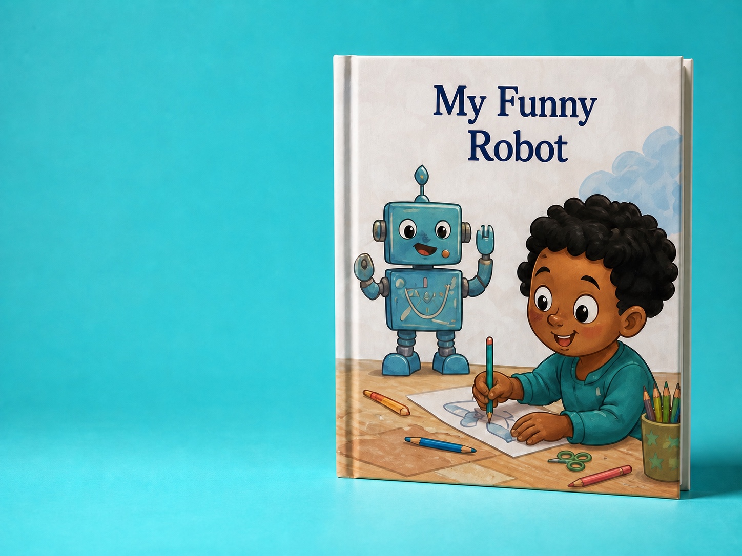 Cover of an illustrated book showing a child drawing a friendly robot.