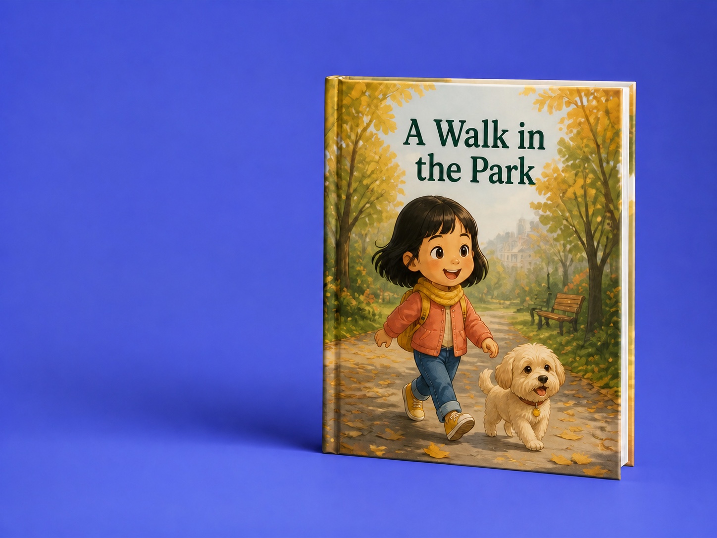 Cover of an illustrated book showing a child walking through a park with her dog.
