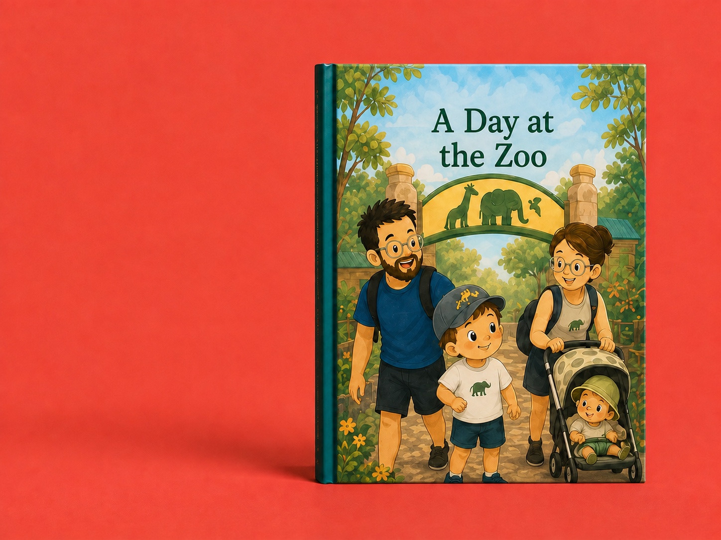 Cover of a personalized illustrated book about a family day at the zoo.