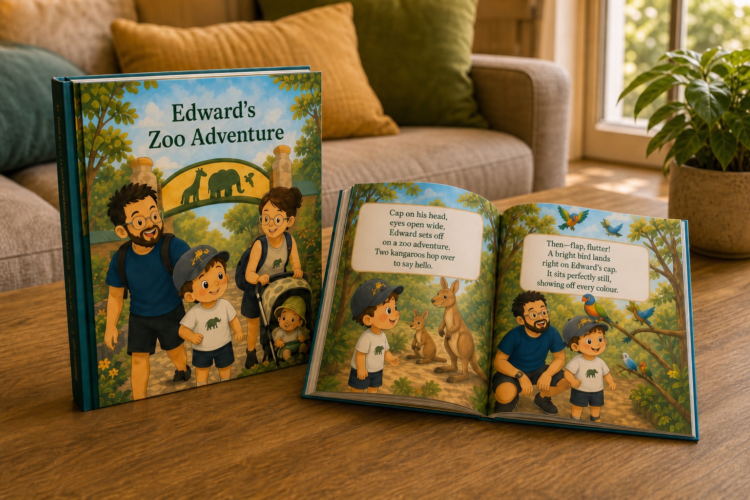 A personalized book about a family visit to the zoo, shown closed and open to an illustrated spread.
